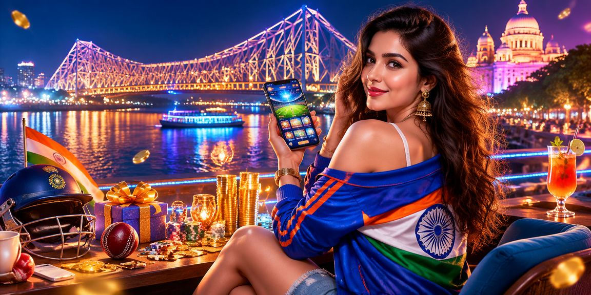 View of Kolkata's Howrah Bridge and cricket betting on mobile, representing lottery player lifestyle